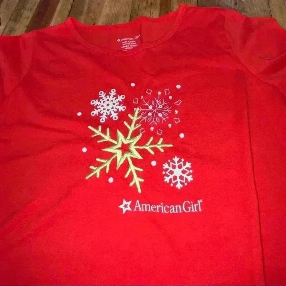American Girl Red Snowflake embroidered t-shirt dress long sleeve NWOT